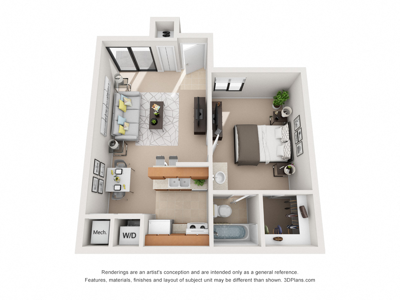 Floor plan for 1 bed, 1 bath, 550 sqft